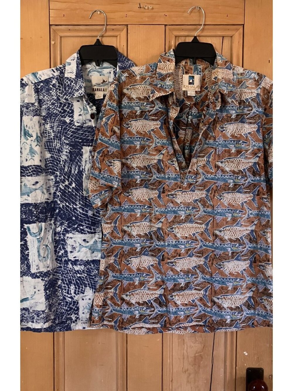 Kahala Mens (2) SET Hawaiian Fish Tropical Tribal Shirt Size Large Blue SP EXC